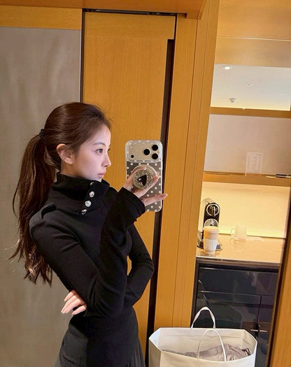 Mon. 時髦肩章高領打底針織衫 灰/黑