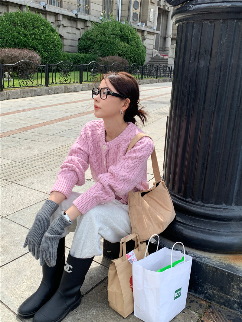 Mon. 麻花毛線編織外套 淺粉