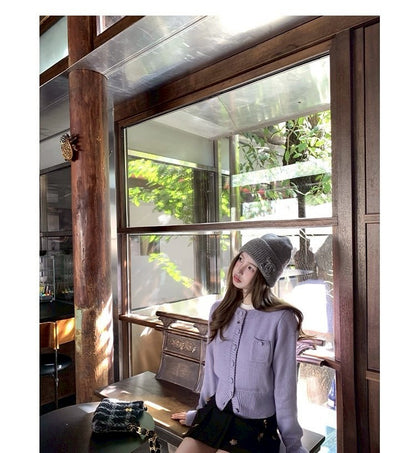 Thu. 海灣花園 混紡羊毛百搭針織開衫 紫/灰米