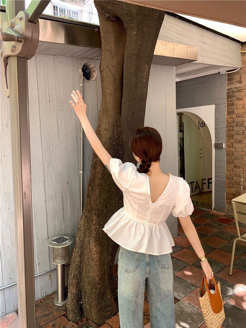 Mon.高腰v領口胸前抓皺上衣 白