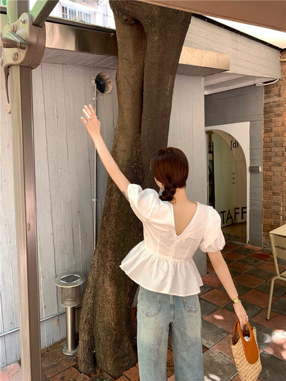 Mon.高腰v領口胸前抓皺上衣 白