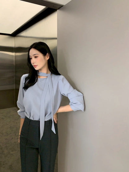 Fri. 法式新款掛脖飄帶氣質上衣 粉/藍