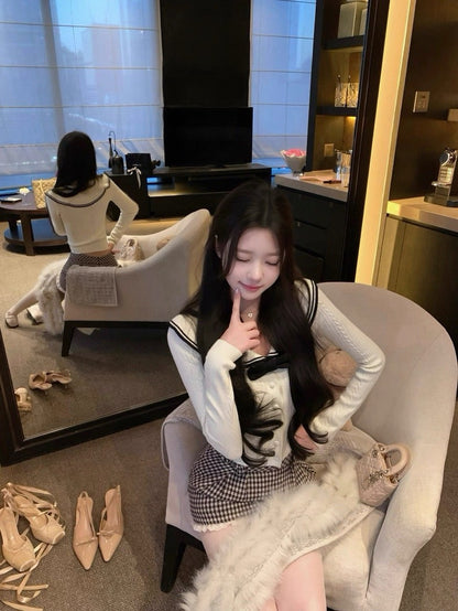 Tue. 韓女冬日海軍風撞色針織上衣 千鳥格紋裙