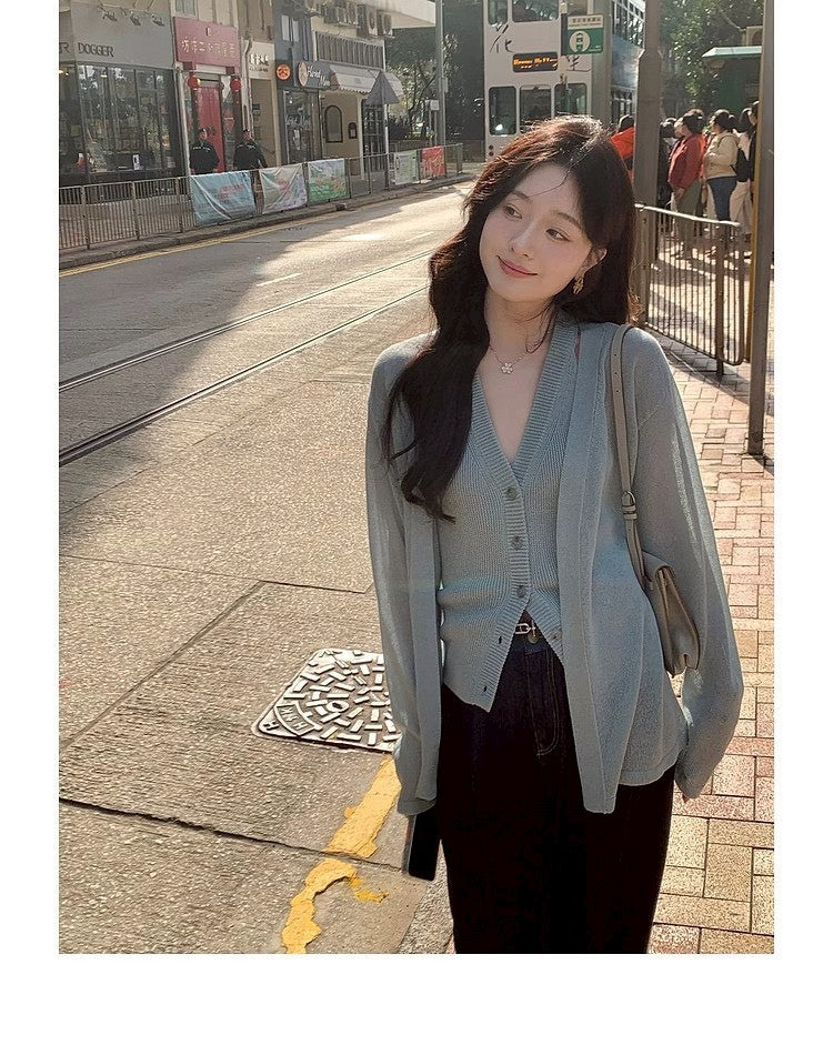 Thu. 自由領落仿天絲亞麻針織上衣2件套 鹽藍