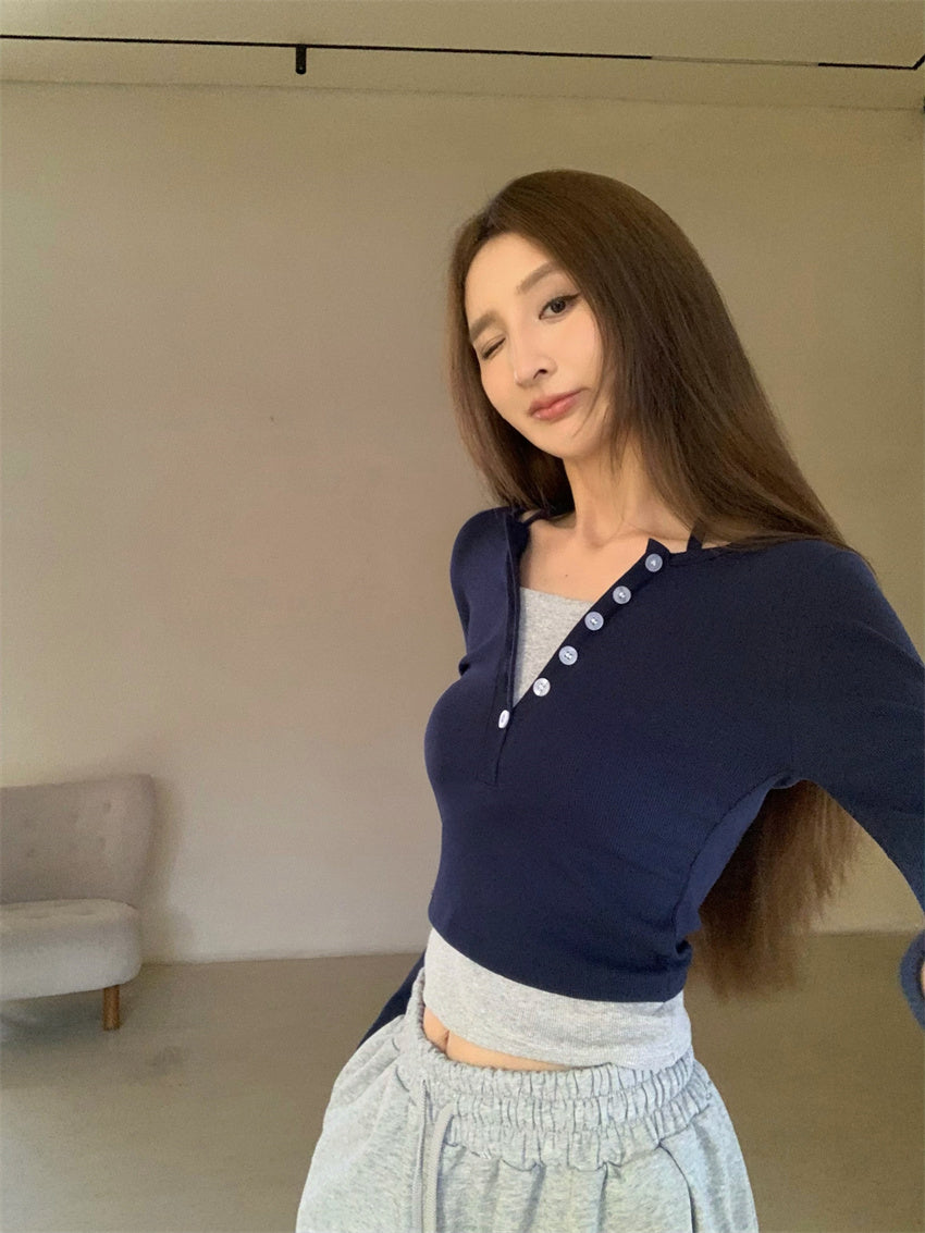 Wed. 假兩件式排扣上衣 & 運動休閒褲 灰