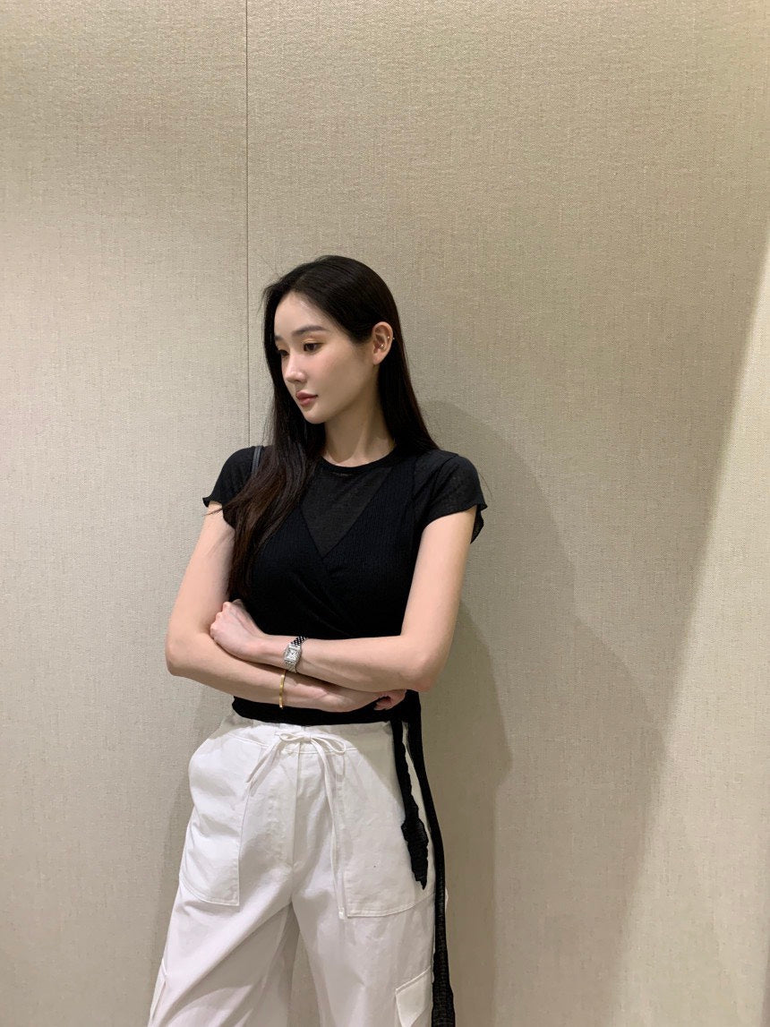 Tue. 氣質捲邊透棉上衣綁帶背心2件組 白/黑