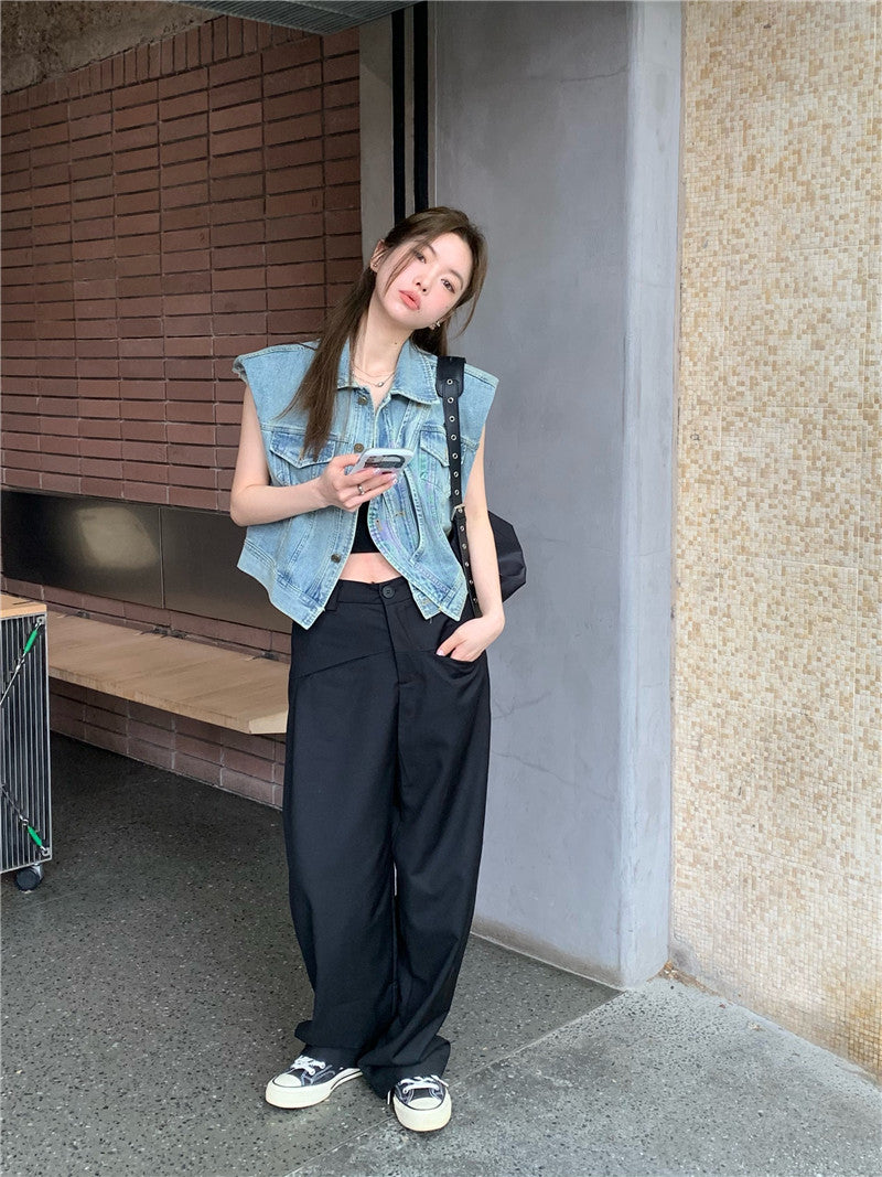 Thu. 不對稱單扣繞繩無袖牛仔外套