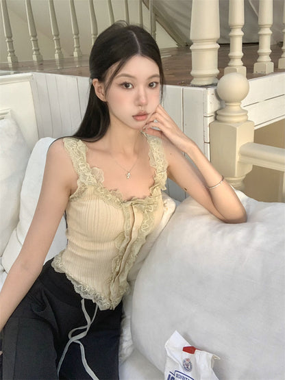 Fri. 復古蕾絲繞邊馬甲背心 卡其/黑