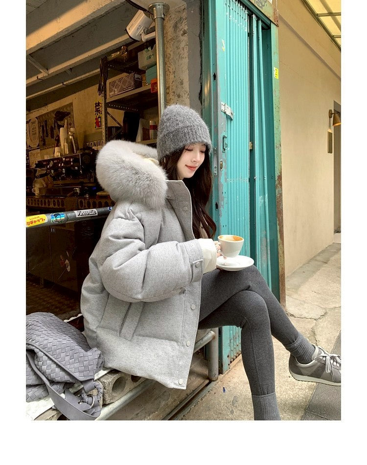 Thu. 安心90白鴨絨斜紋吐司毛毛連帽羽絨外套