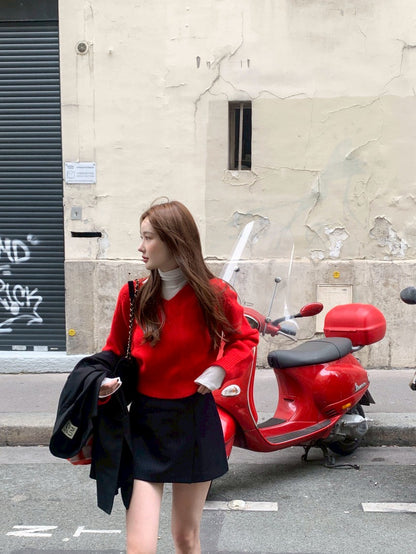 Fri. 賽爾畔冬日毛衣泡泡袖短款上衣 紅