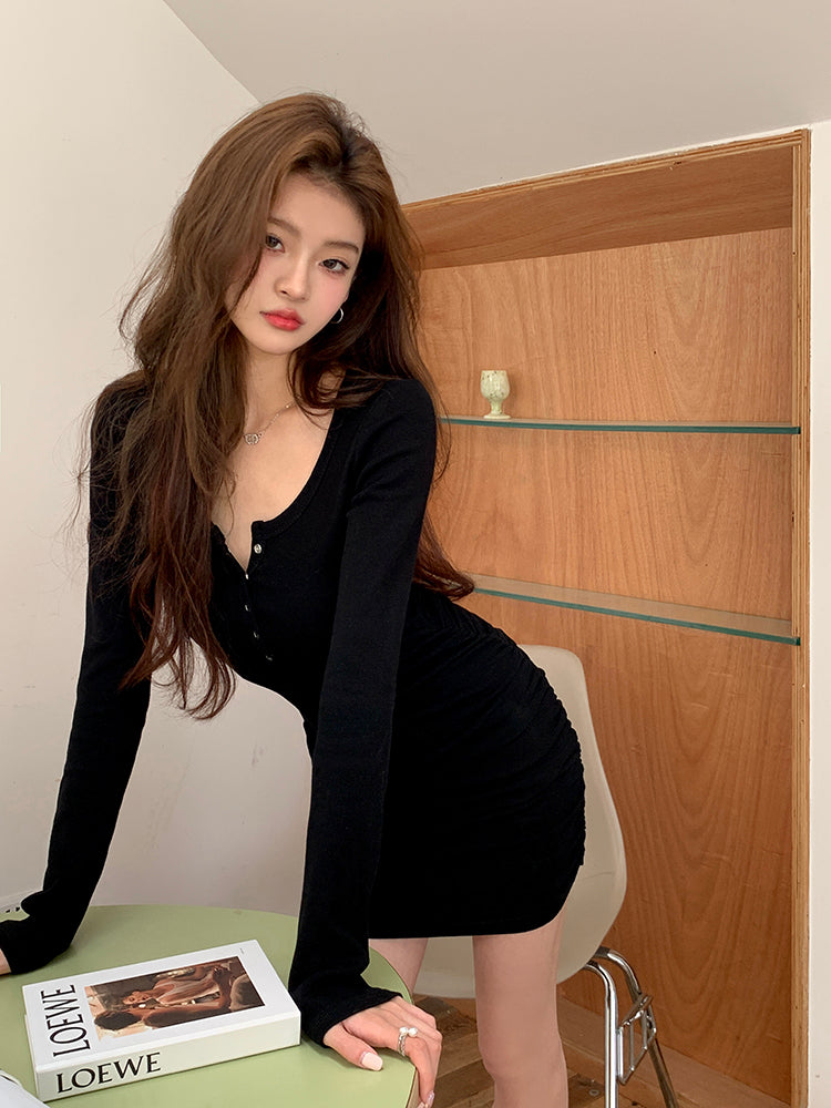 Fri. Basic薄長連身包臀裙 黑/卡其