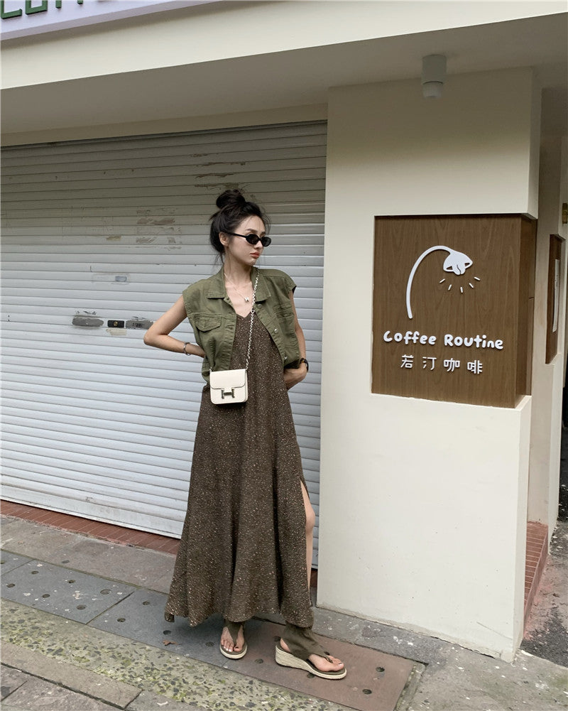 Thu. 復古v領連身長裙 復古排扣背心