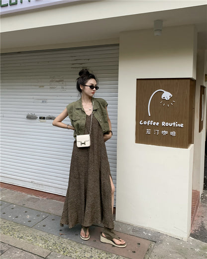 Thu. 復古v領連身長裙 復古排扣背心