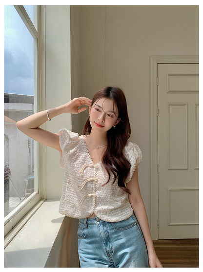 Tue. 旗袍扣結 亮片編織上衣