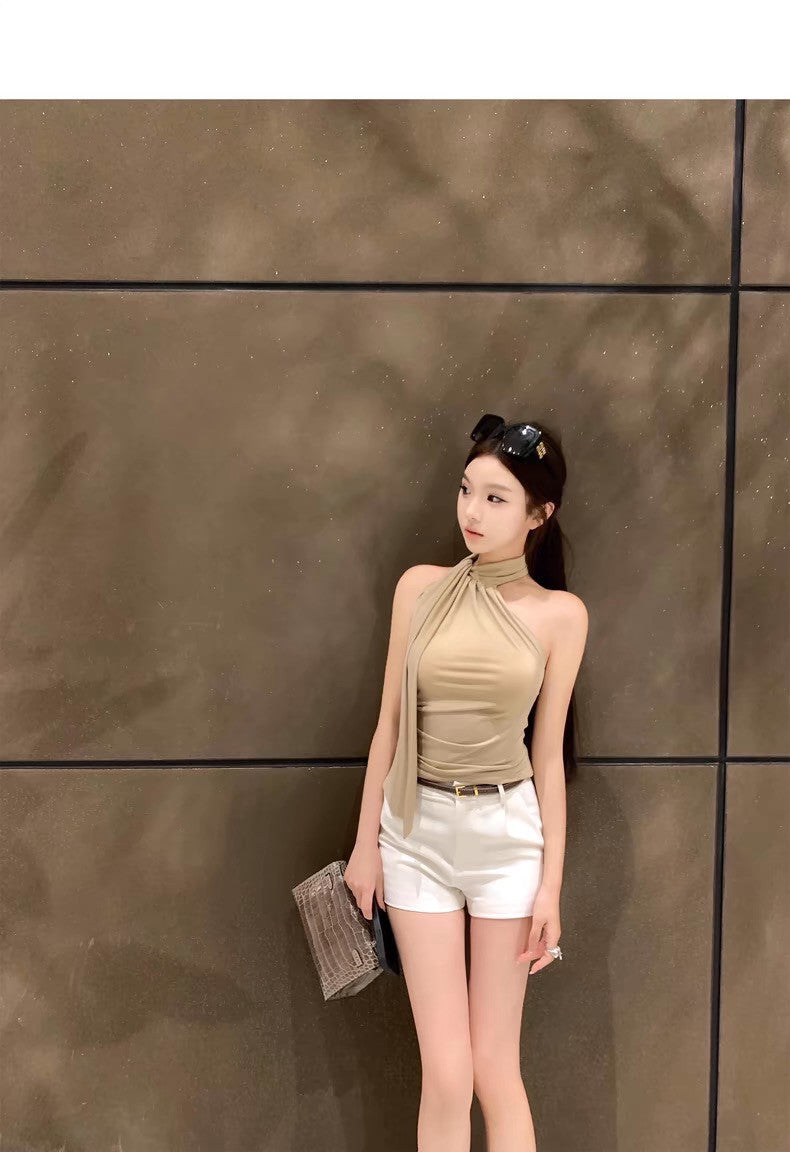 Fri. 氣質韓女顯瘦一體飄帶背心 卡其