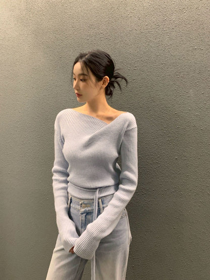 Fri. 秋冬設計感修身繫帶慵懶針織上衣 卡其/藍