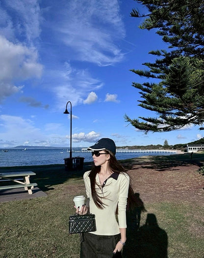 Fri. 智性感撞色polo鈕扣上衣 灰/米