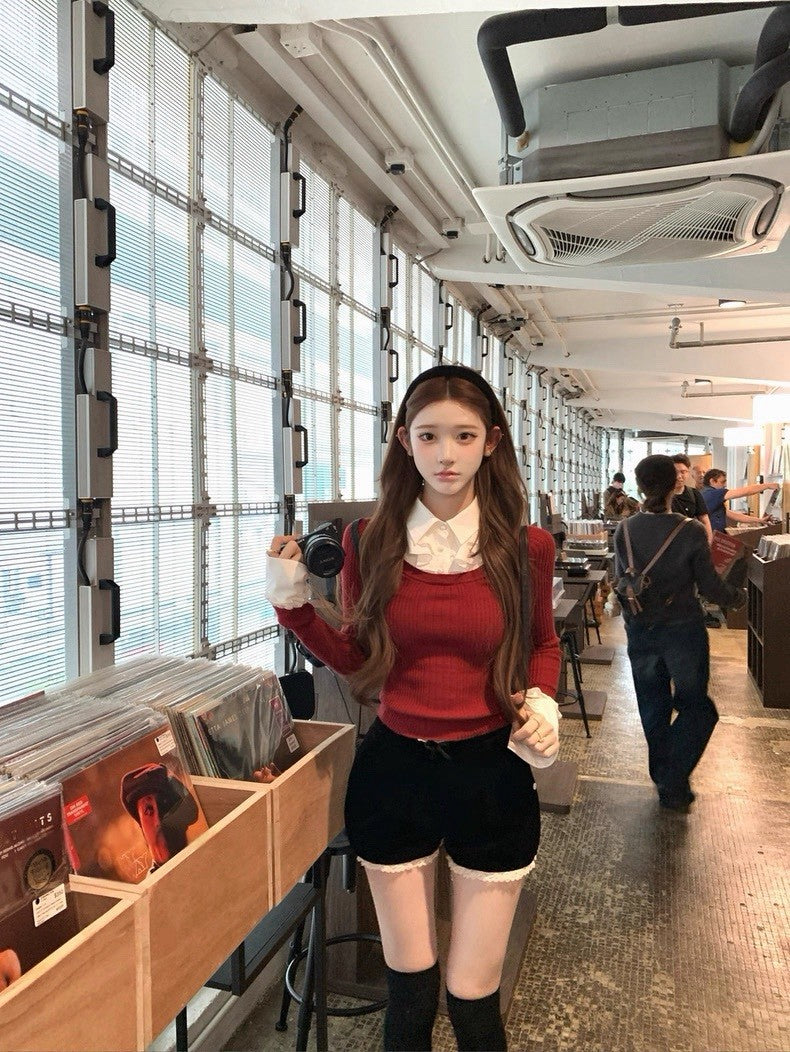 Tue. 松間煙花 學院假兩件式撞色襯衫上衣 櫻桃紅/燕麥藍