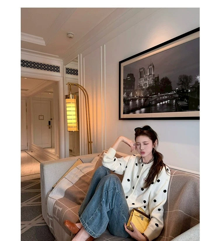 Tue. 雪夜遊樂園韓系波點撞色針織外套 白/黑