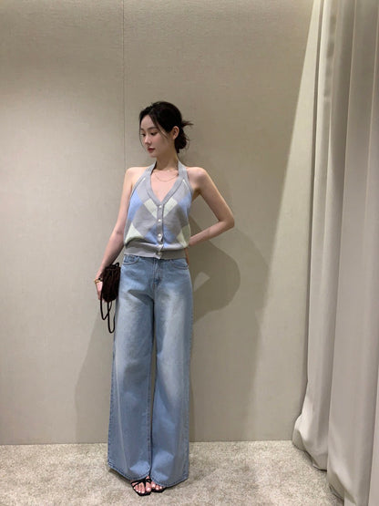 Tue. 復古菱格掛脖針織背心 淺藍