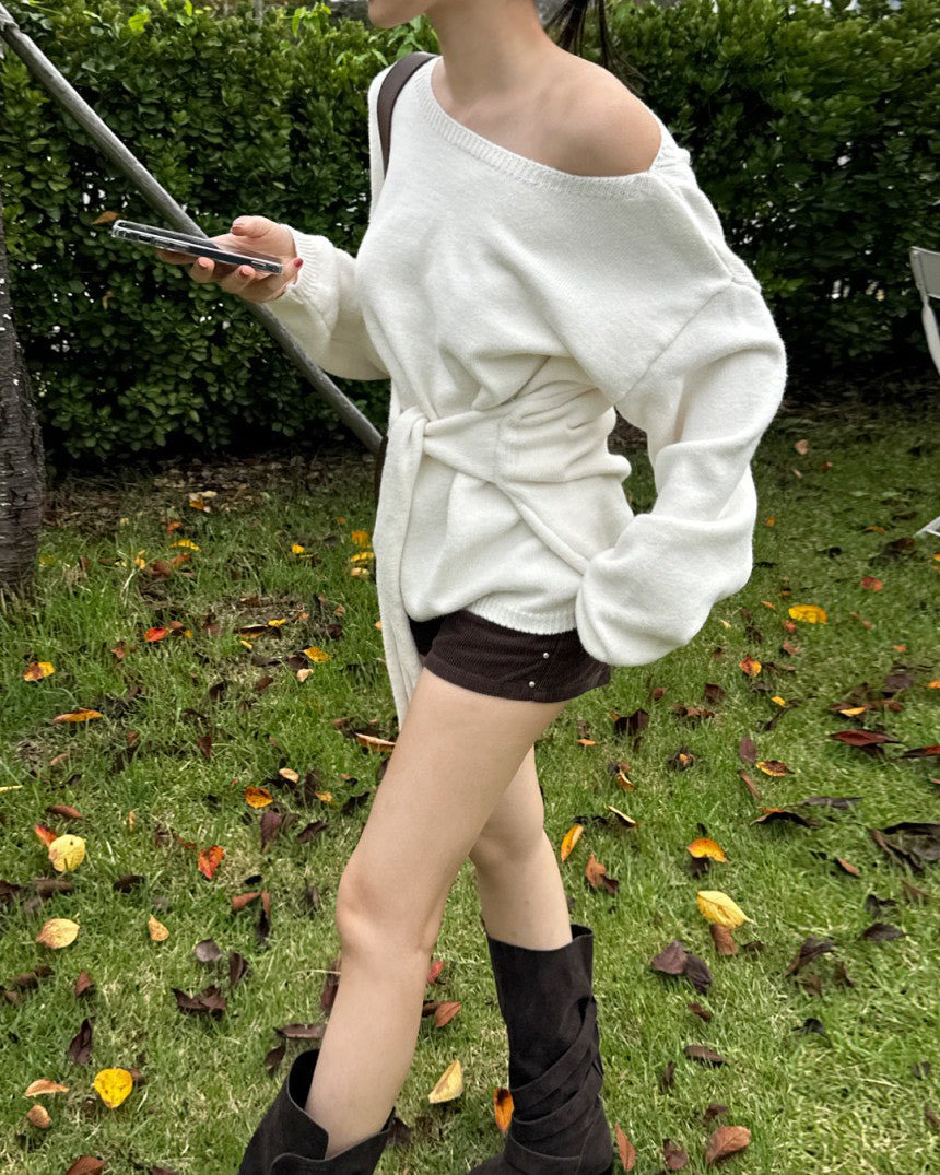 Fri. 韓chic簡約風一字領繫帶針織上衣 灰/米白