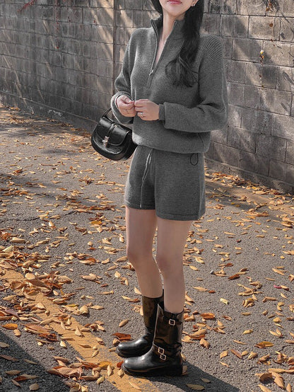 Mon. 休閒慵懶立領針織短褲套裝 灰色/米色