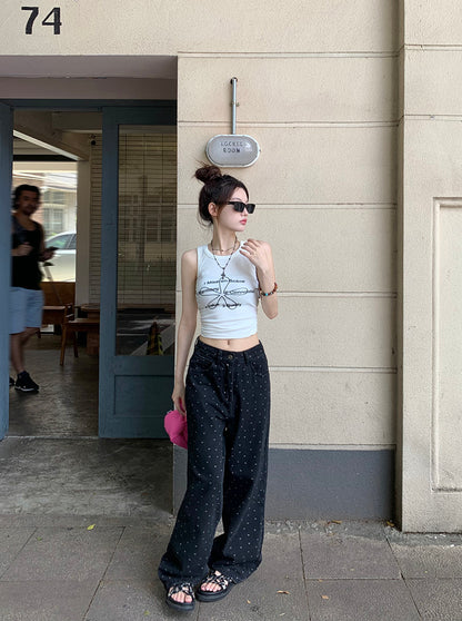 Mon. 波點牛仔寬褲 黑 新色