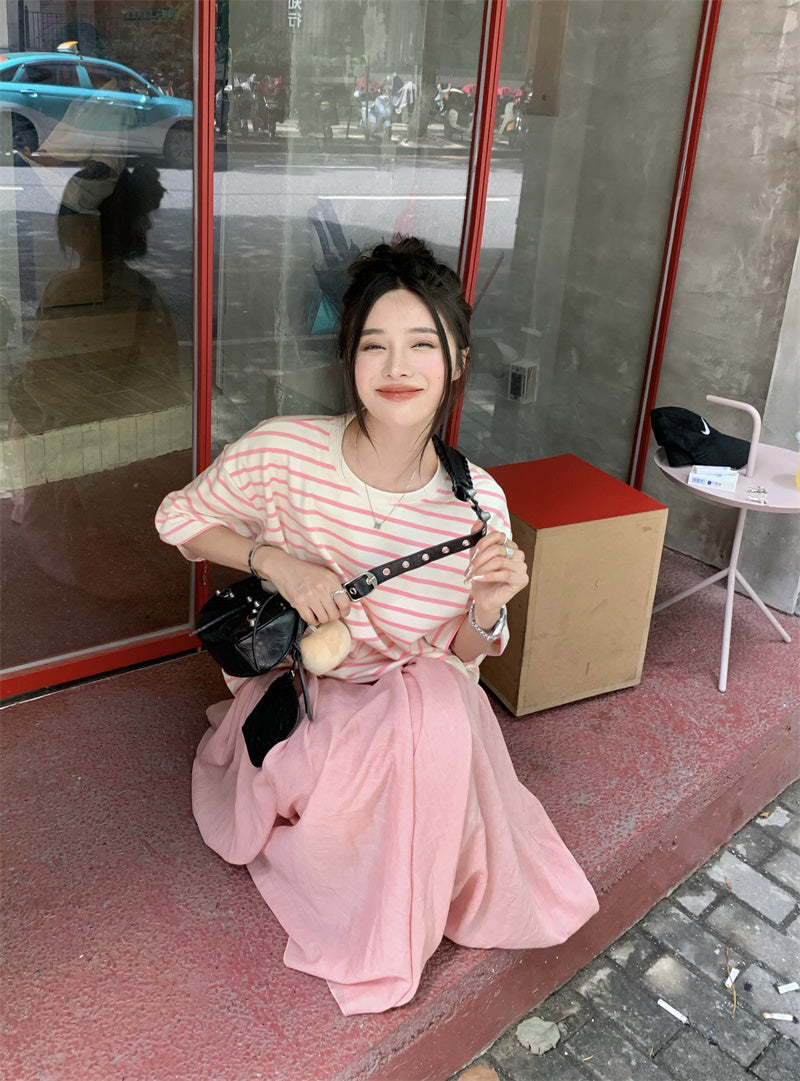 Tue. 夏日條紋圓領上衣 粉