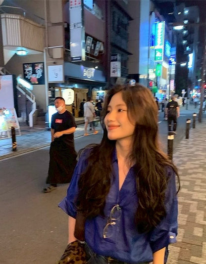 Mon. 寶石藍萾麻棉寬鬆慵懶襯衫