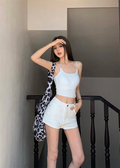 Mon. 休閒百搭高腰修身短褲 白