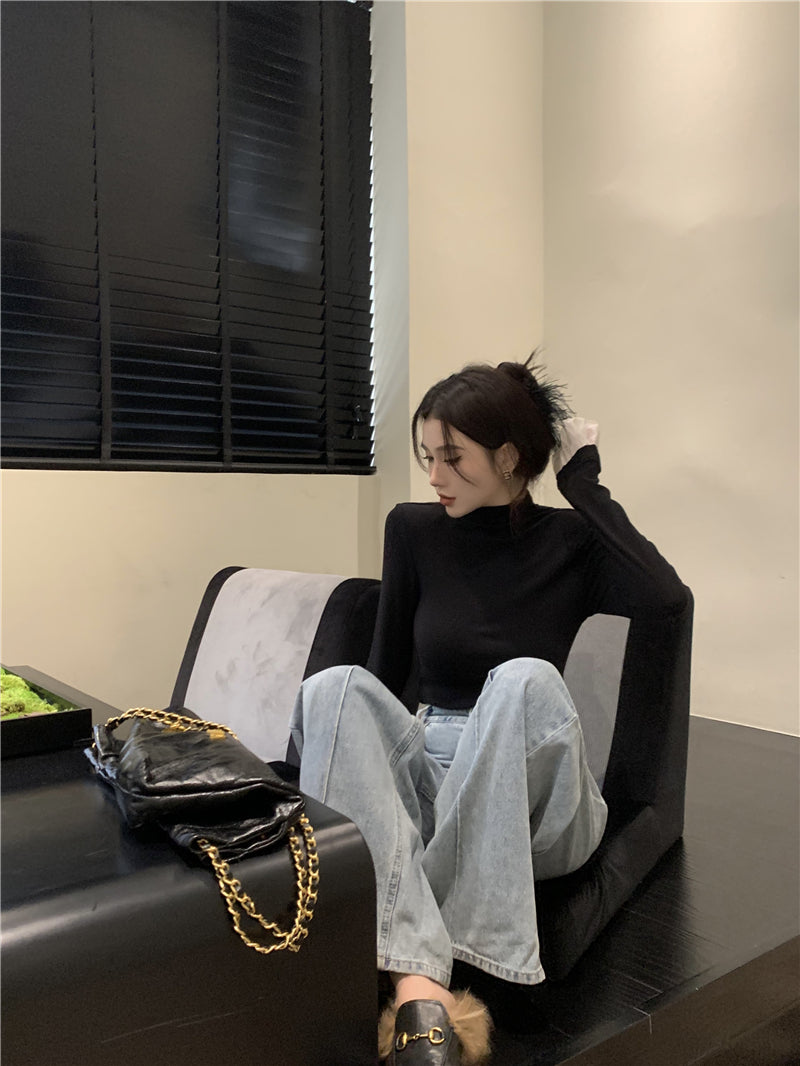 Wed. 法式高領花葉袖打底上衣 黑