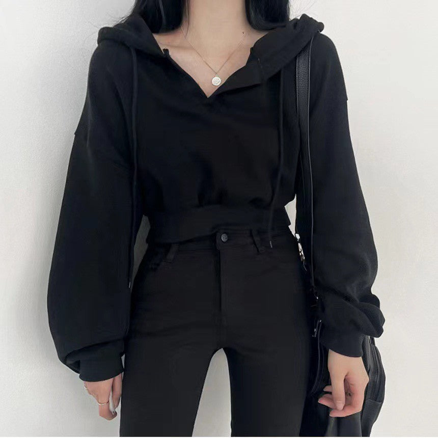 Mon. 元氣女孩百搭連帽短款上衣 白/黑（加購不單售）