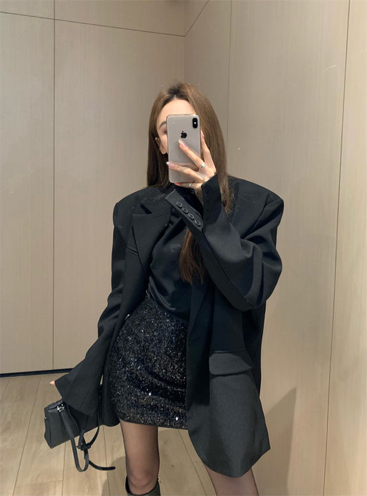 Wed. 通勤兩粒扣墊肩西裝外套 黑色亮片裙