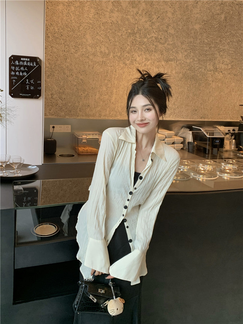 Wed. 肌理紋收腰寬領襯衫 杏色