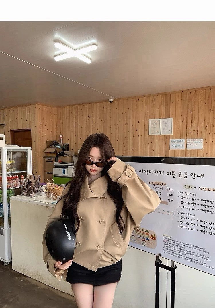 Tue. 英倫萊賽韓系翻領雙排扣風衣 卡其