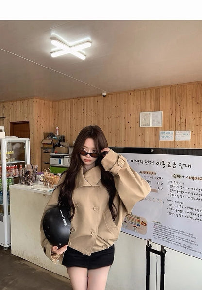 Tue. 英倫萊賽韓系翻領雙排扣風衣 卡其