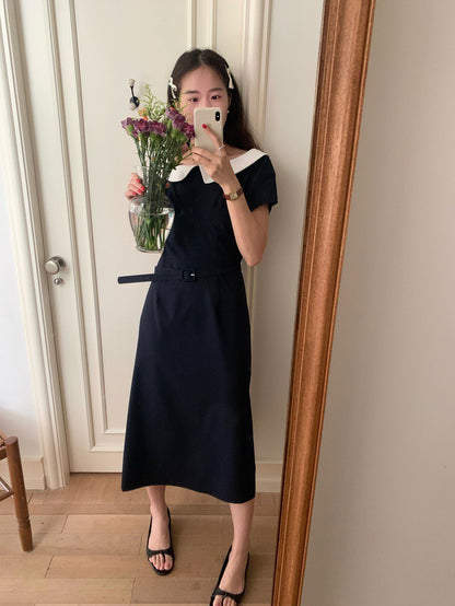 Mon. 優雅珍妮一字撞色領收腰連身裙