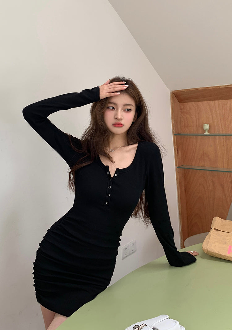 Fri. Basic薄長連身包臀裙 黑/卡其