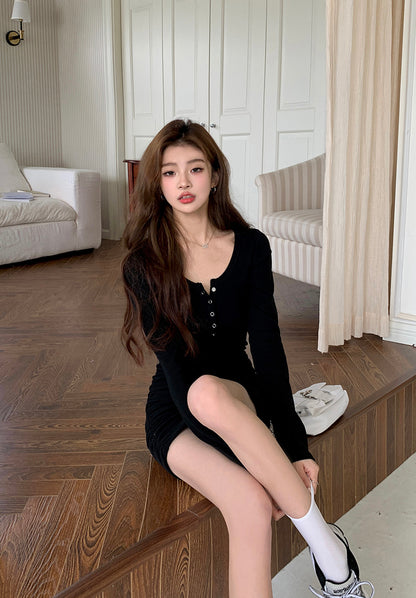 Fri. Basic薄長連身包臀裙 黑/卡其