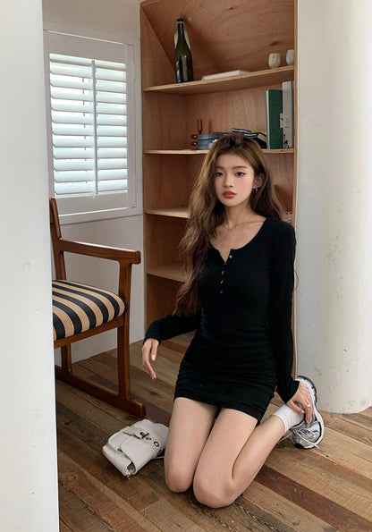 Fri. Basic薄長連身包臀裙 黑/卡其