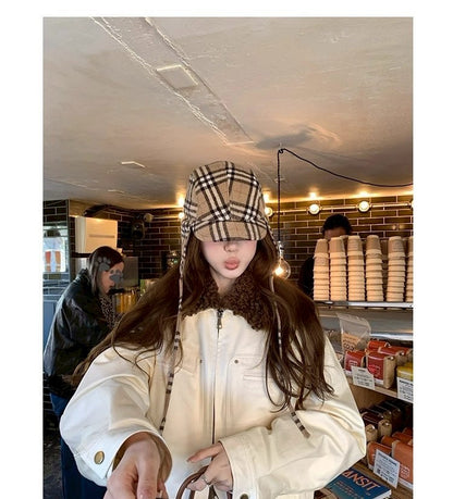 Thu. 橡子街巴恩風拼接毛領工裝外套 紫/米白