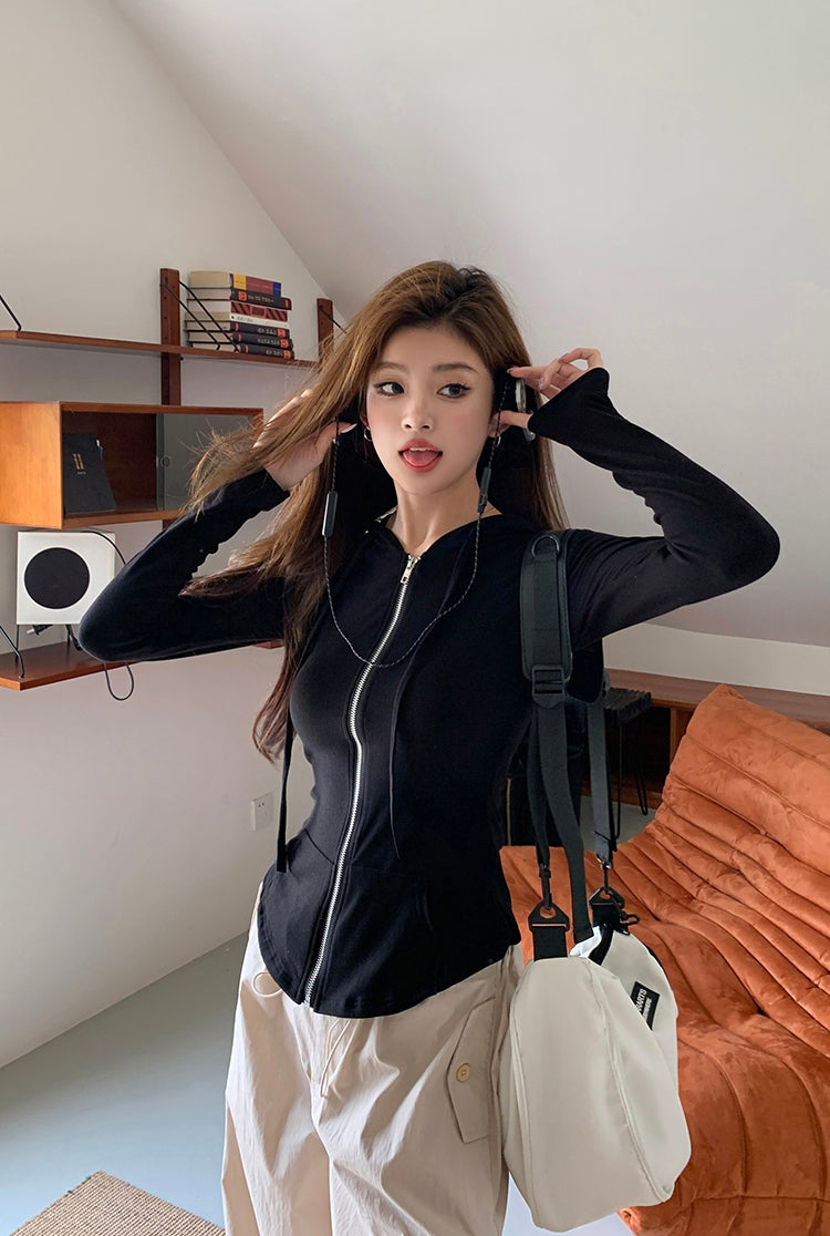 Sat. 美式修身連帽外套 黑 & 慵懶杏色工作褲