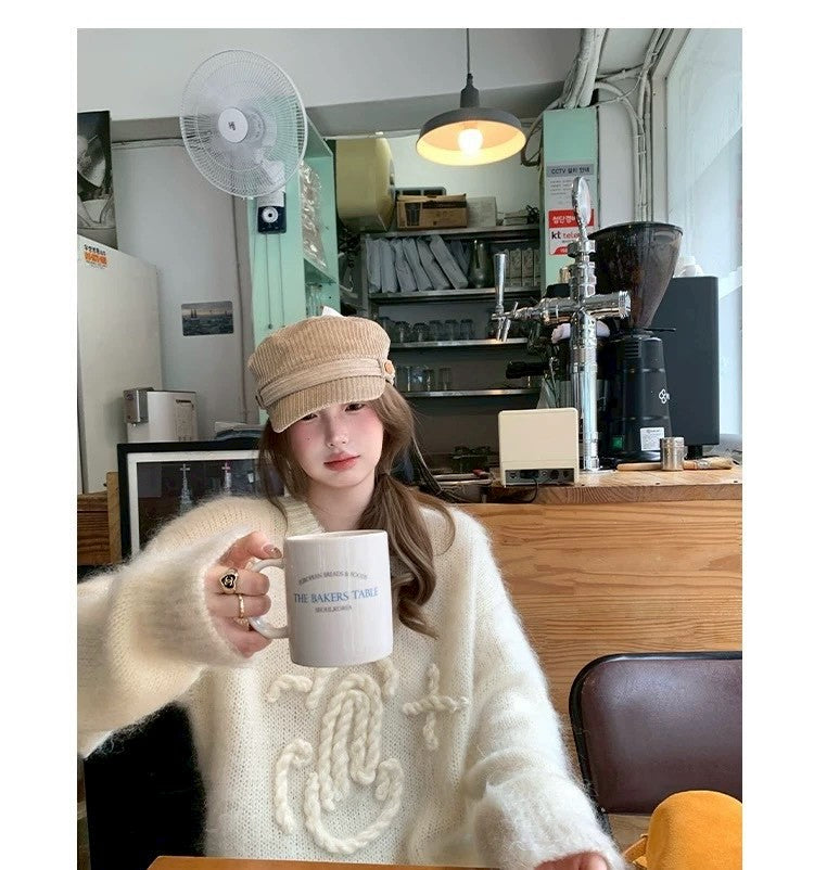 Tue. 昆丁少女圓領麻繩編針織上衣 米