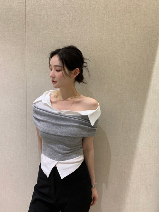 Tue. Elle庫尼假兩件式襯衫上衣 灰
