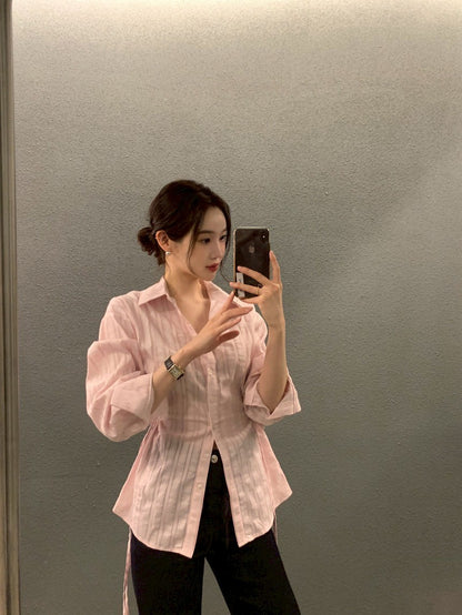 Mon. 個性翻領收腰抽繩可調襯衫 粉/白