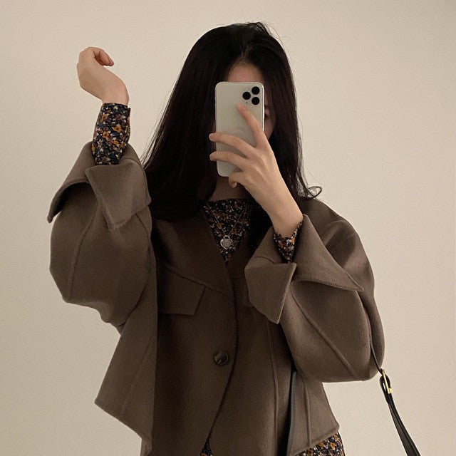 Mon. 氣質慵懶寬鬆毛呢外套 燕麥/深咖