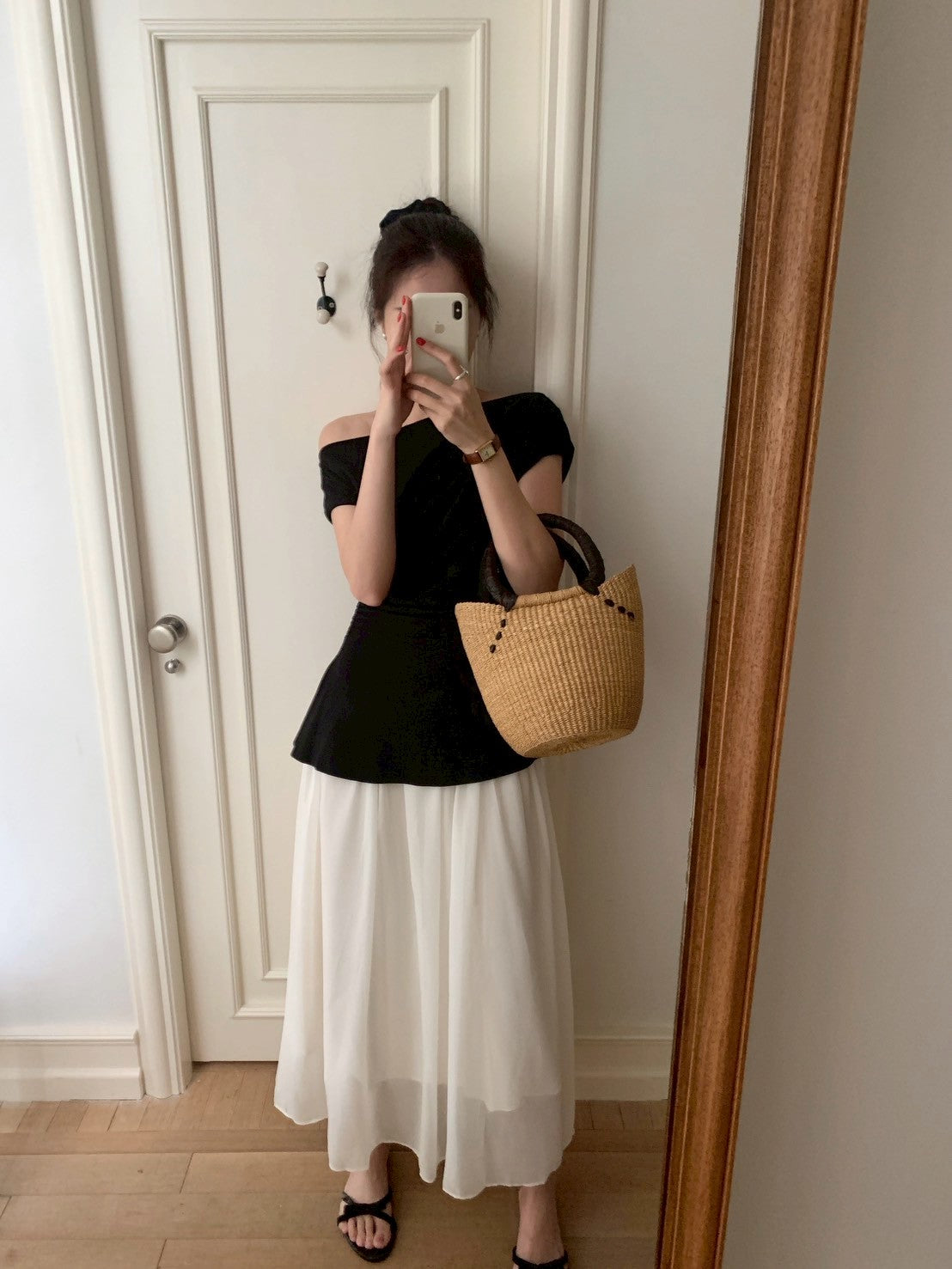 Mon. 韓chic高級斜肩黑白拼接連身裙