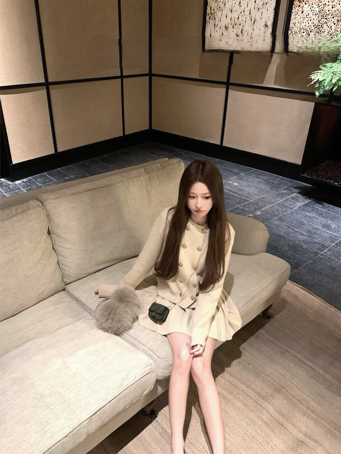 Tue. 月下桂色慵懶雙排扣針織百褶裙套裝