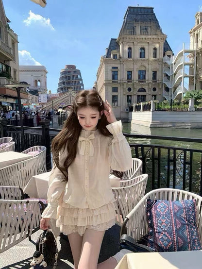 Tue. pra*秀款黑蝴蝶背心裙 珍珠紋襯衫 高級重工蛋糕半身裙