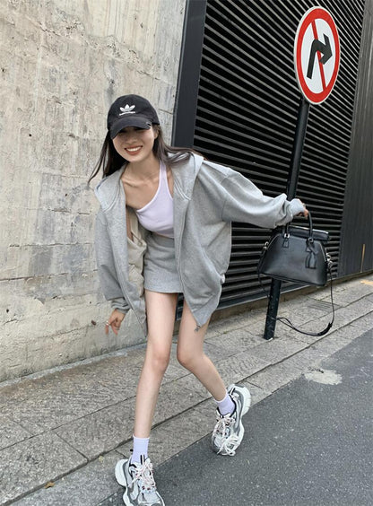 Mon. 美式休閒運動連帽外套 & 短裙 灰